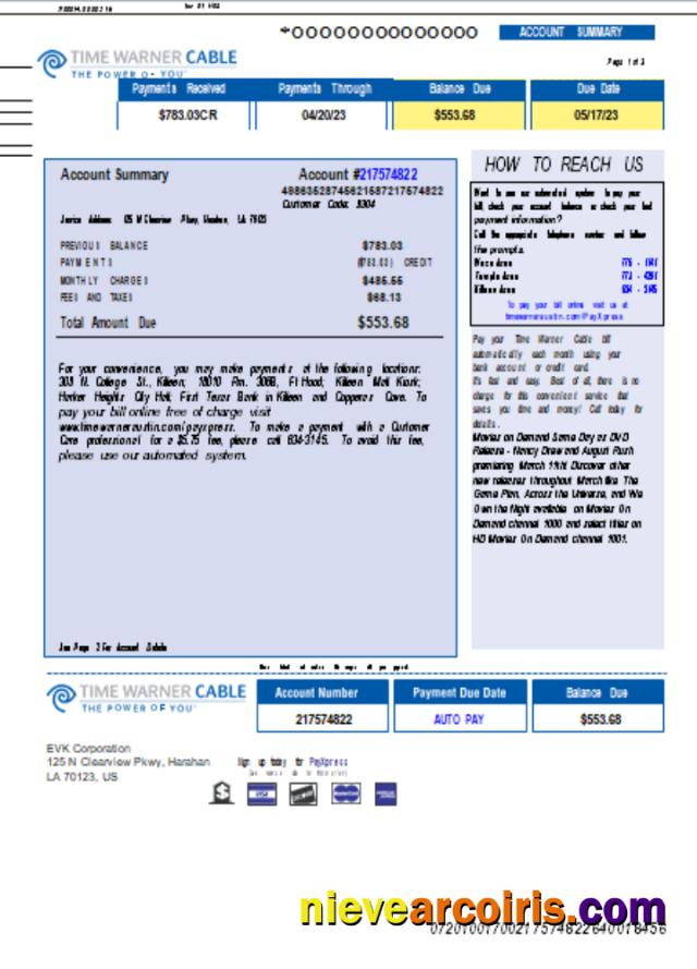 Time Warner Cabel utility business bill, page 1